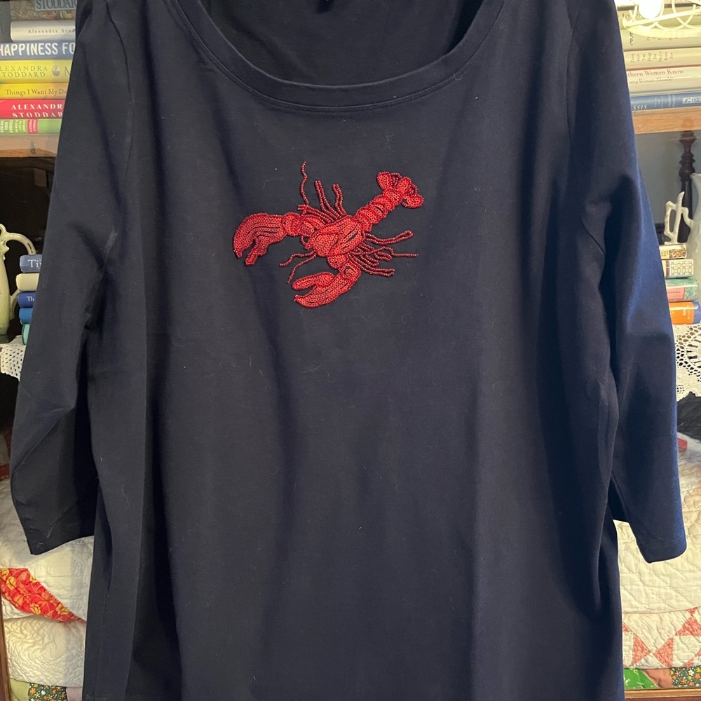 Talbots Woman Navy Blue T Shirt w Red Beaded & Sequined Lobster Sz 3X